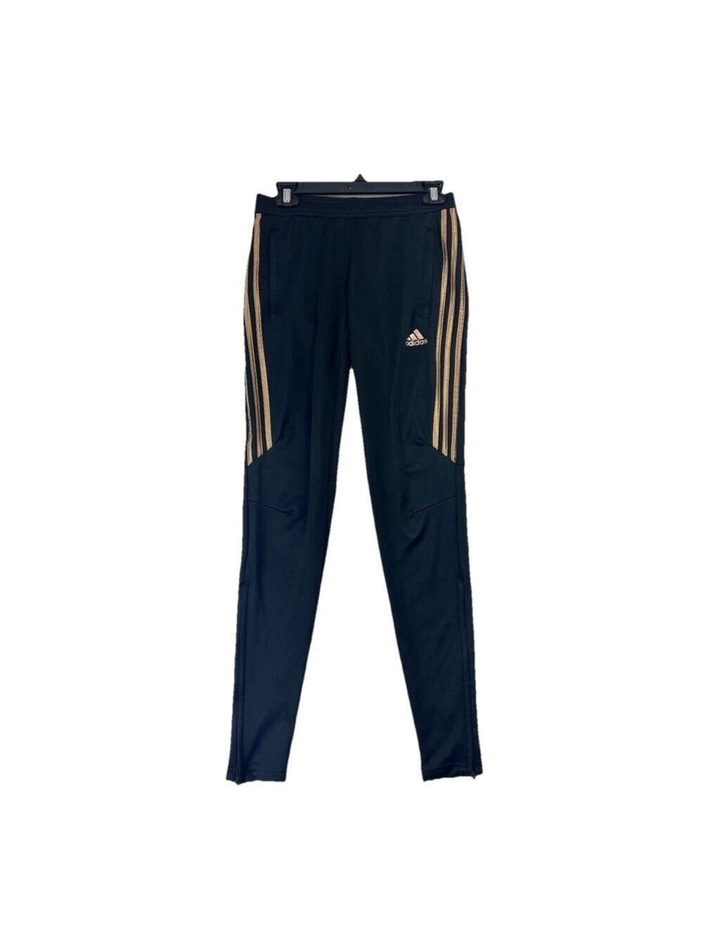 Adidas Womens Tiro 17 Black Tapered Training Pants Sz XS Gold Stripe Track Zip
